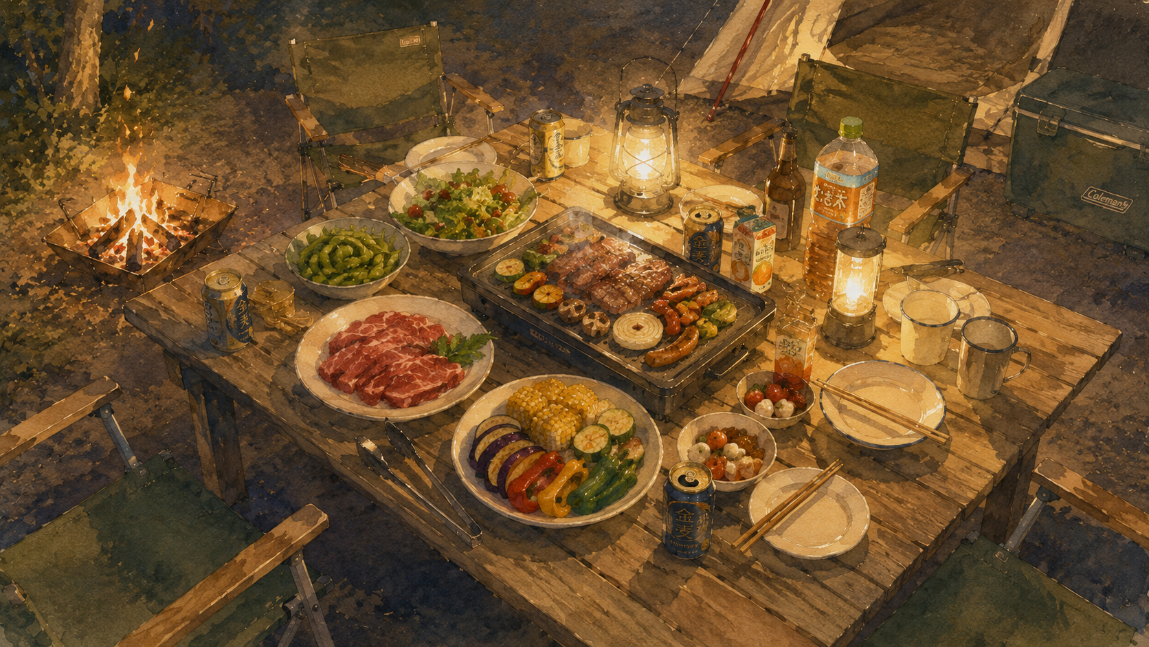 夜のBBQテーブル